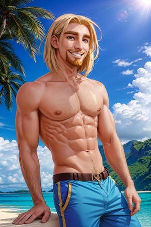 1boy, masterpiece, Beauty, shirtless looking_at_viewer, open clothes,( male_nipples), smile, island, blue sky,miguel_eldorado, hot_pants