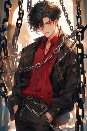 1boy, masterpiece, Beauty, looking_at_viewer, black hair, red eyes, dark clothes, chains , red shirt, black jaket, black pants,man,anepicboy