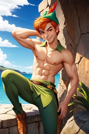 1boy, masterpiece, Beauty,peter pan, short hair, orange hair, green pants, shirtless, belt, brown footwear, hat feather, male focus, pointy ears, looking_at_viewer, open clothes,( male_nipples), smile, island, blue sky, 