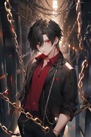 1boy, masterpiece, Beauty, looking_at_viewer, black hair, red eyes, dark clothes, chains , red shirt, black jaket, black pants,