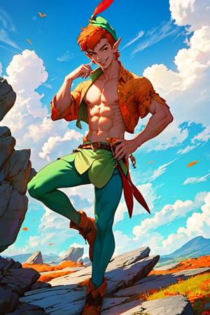 1boy, masterpiece, Beauty,peter pan, short hair, orange hair, green pants, shirtless, belt, brown footwear, hat feather, male focus, pointy ears, looking_at_viewer, open clothes,( male_nipples), smile, island, blue sky, ,HalloweenGlowStyle,More Detail