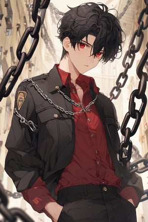 1boy, masterpiece, Beauty, looking_at_viewer, black hair, red eyes, dark clothes, chains , red shirt, black jaket, black pants,man,anepicboy, Memory T Cell