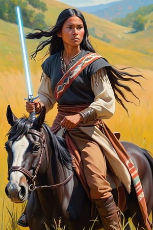 concept art A painting of a lovely fall scene, 
close up a field with the a Cherokee native indian warrior on a horse on the prairie in the distance on a grassy hill in 1855   of Slovenian  in spring , 
Holding a light saber, 
nature, beauty, oil on canvas, 
shadows, noon, 
medium shot centered pose shallow dof soft focus portrait of . digital artwork, illustrative, painterly, matte painting, highly detailed