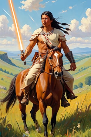 concept art A painting of a lovely fall scene, 
close up a field with the a Cherokee native indian warrior on a horse on the prairie in the distance on a grassy hill in 1855   of Slovenian  in spring , 
Holding a light saber, 
nature, beauty, oil on canvas, 
shadows, noon, 
medium shot centered pose shallow dof soft focus portrait of . digital artwork, illustrative, painterly, matte painting, highly detailed,more detail XL
