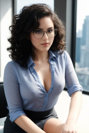 beautiful long black curly spirally hair secretary, wearing glasses, deep V white shirt, shirt unbuttoned, mini skirt, beautiful breast half shown, blue eyes, sitting on a desk, leg_spread , (full body portrait:1.5), city view, detailed face, detailed face expressions, natural face expressions, face in detail, asymmetrical faced,(tall and slender body), fair and smooth skin, detailed hands, detailed fingers, masterpiece, cinematic lighting, physically based rendering, lens flare, award winning rendering, perfect rendering detail, 8K, realism, detailed background, everything in detail, cinematic shot, dynamic lighting, 75mm, Technicolor, Panavision, cinemascope, fine details, 8k, HDR, realism, realistic, key visual, film still, superb cinematic color grading, depth of field,Detailedface,braless