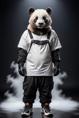 A panda wearing ((oversized white t-shirt double layer 1.2)), gloves, baggy overalls, Jordan shoes, standing on a black background, photography studio, fog. Intricate details, 16k, panorama