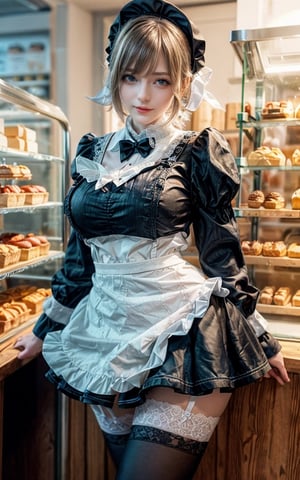 ((1 girl, adorable, happy)), ((maid, blue skirt, black thighhighs, maid apron, long sleeves, puffy sleeves, lace panties)), (hairband, white hair, short hair, blue eyes, makeup), (large breasts, large ass, thick thighs, wide hips, voloptuous), (sweet charm:1.3), pies, fresh baked bread, macarons, wooden shelves with cupcakes, bakery, shop, scenery, soft, cozy, glitter,irelia,ellafreya