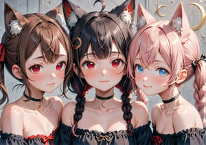 //Quality, (Masterpiece: 1.3), (Details), ((, Best Quality, )), //, (, Hairpin, Crescent Hairpin, Multiple Girls, 3 Girls: 1.4), BREAK, AND (3 Girl: 1.4), Brown cat ears, Animal ear hair, (Brown hair: 1.4), (Red inner hair: 1.3), (Straight bangs: 1.4), Long hair, (Braids: 1.5), (Ahoge), (Blue eyes: 1.3),, Medium chest, //, (Big red ribbon: 1.4), (Crescent hairpin: 1.4), (Off shoulder dress: 1.4), //, BREAK, and 3 girls, // , (Pale pink hair: 1.4), Long hair, (Twintails: 1.6), Thick bangs, (Black ribbon headband: 1.4), Animal ears, Cat ears, Thin eyebrows, Blue eyes, Medium chest, //, (Off Shoulder dress: 1.4), BREAK, //, Cute girl with hairpin, Loli, (Black fox ears: 1.3), Animal ear fluff, Hairstyle, (Black hair: 1.2), (Red hair 1.2), (Inner hair coloring: 1.3) , short hair, (short ponytail: 1.5), side locks, (red eyes: 1.3), (black round glasses: 1.5), (flat chest), (off-shoulder dress: 1.4), cat collar, //,
Smiling, happy, flushed face, mouth closed, looking at camera, // , (3 people side by side, v:1.4), (upper body, straight ahead, close-up portrait: 1.4)