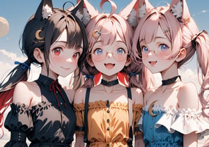 //Quality, (Masterpiece: 1.3), (Details), ((, Best Quality, )), //, (, Hairpin, Crescent Hairpin, Multiple Girls, 3 Girls: 1.4), BREAK, AND (3 Girl: 1.4), Brown cat ears, animal ear hair, (Light brown hair: 1.4), (Red inner hair: 1.3), (Straight bangs: 1.6), (Braid, long hair: 1.2), (Ahoge) , (Blue eyes: 1.3),, Center of the chest, //, (Big red ribbon: 1.4), (, Crescent hairpin: 1.4), (Off-shoulder dress: 1.4), //, BREAK, and 3 girls, //, (Pale pink hair: 1.4), Long hair, (twin tails: 1.6), Thick bangs, (Black ribbon headband), Thin eyebrows, Blue eyes, //, (Off-shoulder dress: 1.4), BREAK, 3 girls //, cute girl with hairpin, loli, (black fox ears: 1.3), animal ear fluff, hairstyle, (black hair: 1.2), (red hair 1.2), (inner hair coloring: 1.3), short hair,(short ponytail :1.5), Side lock, (Red eyes: 1.3), (Round glasses: 1.4), (Flat chest), (Off shoulder dress: 1.4), Cat collar, //,
Smiling, happy, flushed face, mouth closed, looking at camera, // , (3 people side by side, v:1.4), (upper body, straight ahead, close-up portrait: 1.4)