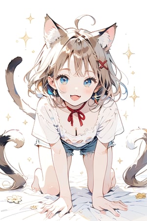 Masterpiece, highest quality, aesthetic, traditional media,
\\character
      1 Girl, solo, looking at camera, blue eyes, clear eyes, smile, happiness, open mouth, (fluffy cat ears: 1.1), cheeks, ahoge, brown hair, single braid, (red inner hair: 1.3) , (straight) ) bangs: 1.5), ((big red ribbon: 1.5)), (crescent moon hair ornament: 1.3), chest, chest, cleavage, crystal earrings,
break
Simple background, brown hair, shirt, white background, animal ears, mouth closed, tail, whole body, white shirt, short sleeves, shorts, bare feet, arms raised, feet, cat tail, animal ear fluff, shorts, raw Legs, kneeling, denim, cat girl, animal print, crawling on all fours, T-shirt, blue shorts, denim shorts, cutoffs