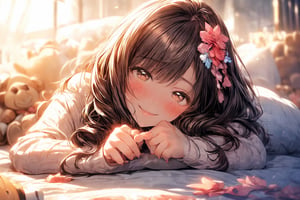 A girl lying face down on the beach, mix4, sweater, pillow head, lips parted, open mouth, smile, realistic, photo, (curly), solo, stuffed animal, teddy bear, (masterpiece), (realism), hyper -Detail, (High Detail Skin), (Best Quality: 1.5), (Ultra High Detail Rate), (Ulzzang-6500), Wavy Detail Hair, Long Brown Hair, Natural Light, (Beautiful Detail Makeup) , (flower theme petals scattered), (soft shine overflow) medium breasts, blush, sexy, beautiful and touching, ((2 hands, 5 fingers))