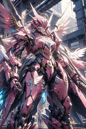 Masterpiece, beautiful details, perfect focus, uniform 8K wallpaper, high resolution, exquisite texture in every detail, solo, pink body, whole body, wings, blue eyes, no humans, glowing, robot, mecha, glowing eyes, science fiction, sci-fi
