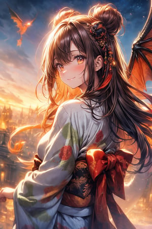 ((huge dragon in background)), amazing illustration, beautiful rainbow kimono, one girl, brown hair, smiling, bun hairstyle, floating hair, masutepiece, ((huge red horned dragon, wind, god, long body)), fantasy, myth, high quality, high definition, fantasy, mythology masutepiece, epicd, particle effect, dynamic effect, eyes crystals, lucky, one head, realistic, (dragon god), 7 color glow, magnificent,

