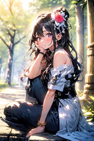 highest image quality, highest definition, masterpiece, super-resolution,
With background: in the forest, anime art style, soft lighting,
one girl,
Expression: Beautiful face, thin eyebrows, smile, clear eyes,
Hairstyle: bun hairstyle, brown hair, floral hair ornament,
Costume: (kimono with colorful floral pattern), floral pattern,
Full body, normal, sitting innocently, sideways,