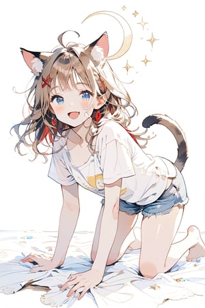 Masterpiece, highest quality, aesthetic, traditional media,
\\character
      1 Girl, solo, looking at camera, blue eyes, clear eyes, smile, happiness, open mouth, (fluffy cat ears: 1.1), cheeks, ahoge, brown hair, single braid, (red inner hair: 1.3) , (straight) ) bangs: 1.5), ((big red ribbon: 1.5)), (crescent moon hair ornament: 1.3), chest, chest, cleavage, crystal earrings,
break
Simple background, brown hair, shirt, white background, animal ears, mouth closed, tail, whole body, white shirt, short sleeves, shorts, bare feet, arms raised, feet, cat tail, animal ear fluff, shorts, raw Legs, kneeling, denim, cat girl, animal print, crawling on all fours, T-shirt, blue shorts, denim shorts, cutoffs