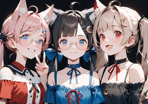 //Quality, (Masterpiece: 1.3), (Details), ((, Best Quality, )), //, (, Hairpin, Crescent Hairpin, Multiple Girls, 3 Girls: 1.4), BREAK, AND (3 Girl: 1.4), Brown cat ears, animal ear hair, (Light brown hair: 1.4), (Red inner hair: 1.3), (Straight bangs: 1.6), (Braid, long hair: 1.2), (Ahoge) , (Blue eyes: 1.3),, Center of the chest, //, (Big red ribbon: 1.4), (, Crescent hairpin: 1.4), (Off-shoulder dress: 1.4), //, BREAK, and 3 girls, //, (Pale pink hair: 1.4), Long hair, (twin tails: 1.6), Thick bangs, (Black ribbon headband), Thin eyebrows, Blue eyes, //, (Off-shoulder dress: 1.4), BREAK, 3 girls //, cute girl with hairpin, loli, (black fox ears: 1.3), animal ear fluff, hairstyle, (black hair: 1.2), (red hair 1.2), (inner hair coloring: 1.3), short hair,(short ponytail :1.5), Side lock, (Red eyes: 1.3), (Round glasses: 1.4), (Flat chest), (Off shoulder dress: 1.4), Cat collar, //,
Smiling, happy, flushed face, mouth closed, looking at camera, // , (3 people side by side, v:1.4), (upper body, straight ahead, close-up portrait: 1.4)