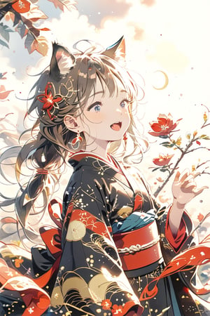 Masterpiece, highest quality, aesthetic, traditional media,
\\character
  1 Girl, Solo, Looking at camera, Blue eyes, Clear eyes, Smile, Happy, Open mouth, (Fluffy cat ears: 1.1), Cheeks, Ahoge, Brown hair, Single braid, (Red inner hair: 1.3 ), (straight bangs: 1.5), ((big red ribbon: 1.5)), (crescent-shaped hair ornament: 1.3), chest, middle chest, cleavage, crystal earrings,
break
person, long sleeve, mouth closed, standing, flower, Japanese clothes, wide sleeve, kimono, black eyes, sash, floating hair, obi, red flower, wind, branches, black kimono