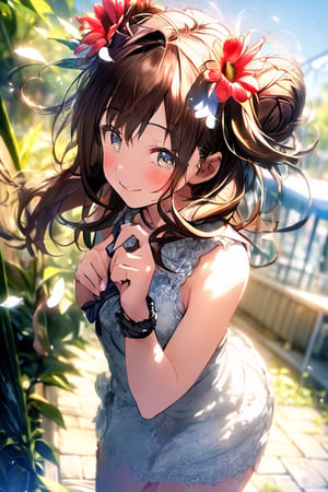 (masterpiece, top quality, RAW photo, ), brown hair, bun hairstyle, white lace minidress, (pink cardigan), deep clear eyes, cowboy shot, thighs, beautiful girl, smile, (flower, Many small petals dancing in the wind), flower garden, blue sky, looking at camera, incredibly absurd, face light, soft lighting, ultra-realistic, photography, sharp focus, most detailed, with very detailed eyes face
