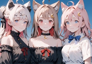 //Quality, (Masterpiece: 1.3), (Details), ((, Top Quality, )), //, (, Hairpin, Crescent Hairpin, Multiple Girls, 3 Girls: 1.4), BREAK, AND (3 Girls: 1.4), Brown cat ears, animal ear hair, (Light brown hair: 1.4), (Red inner hair: 1.3), (Straight bangs: 1.4), (Braids, long hair: 1.2), (Ahoge), ( Blue eyes: 1.3),, center chest, //, (big red ribbon: 1.4), (, crescent hairpin: 1.4), (off-shoulder dress: 1.4), //, BREAK, and three girls, // , (Pale pink hair: 1.4), (Long hair, long twintails): 1.4), Thick bangs, (Black ribbon headband), Thin eyebrows, Blue eyes, //, (Off-shoulder dress: 1.4), Long skirt, //, :), BREAK, 3 more girls //, hairpin and cute girl, loli, (black fox ears: 1.3), animal ear fluff, hairstyle, (black hair: 1.2), (red hair 1.2), (within Hair coloring: 1.3), (Short ponytail: 1.2), Side locks, (Red eyes: 1.3), (Bag under eyes: 1.4), (Round glasses: 1.3), (Flat chest), (Off shoulder dress: 1.4 , cat collar,//,
Slight smile, flushed face, mouth closed, looking at camera, // , (3 people side by side, v:1.4), (upper body, straight ahead, close-up portrait: 1.4)