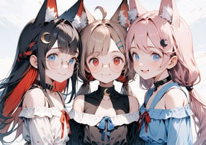 //Quality, (Masterpiece: 1.3), (Details), ((, Best Quality, )), //, (, Hairpin, Crescent Hairpin, Multiple Girls, 3 Girls: 1.4), BREAK, AND (3 Girl: 1.4), Brown cat ears, animal ear hair, (Light brown hair: 1.4), (Red inner hair: 1.3), (Straight bangs: 1.4), (Braid, long hair: 1.2), (Ahoge) , (Blue eyes: 1.3),, Center of the chest, //, (Big red ribbon: 1.4), (, Crescent hairpin: 1.4), (Off-shoulder dress: 1.4), //, BREAK, and 3 girls, //, (Pale pink hair: 1.4), Long hair, (Long twin tails: 1.4), Thick bangs, (Black ribbon headband), Thin eyebrows, Blue eyes, //, (Off-shoulder dress: 1.4), BREAK, 3 girls //, cute girl with hairpin, loli, (black fox ears: 1.3), animal ear fluff, hairstyle, (black hair: 1.2), (red hair 1.2), (inner hair coloring: 1.3), (short ponytail :1.3), Side lock, (Red eyes: 1.3), (Round glasses: 1.4), (Flat chest), (Off shoulder dress: 1.4), Cat collar, //,
Smiling, happy, flushed face, mouth closed, looking at camera, // , (3 people side by side, v:1.4), (upper body, straight ahead, close-up portrait: 1.4)