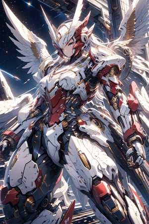 Masterpiece, beautiful details, perfect focus, uniform 8K wallpaper, high resolution, exquisite texture in every detail, solo, red and white body, whole body, wings, blue eyes, no humans, glowing, flight, space, galaxy, Shining stars, robots, mecha, glowing eyes, science fiction, sci-fi