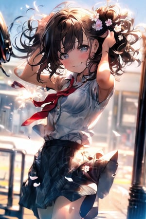 masterpiece, beautiful detailed, RAW photo, 1 girl, brown hair, high-up hairstyle, red ribbon, ((impatient expression)), beautiful breasts, white shirt, red dress, good style, (facing the front) (((blushing cheeks, embarrassed expression)),(((skirt being blown up by the wind)))