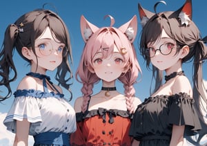 //Quality, (Masterpiece: 1.3), (Details), ((, Best Quality, )), //, (, Hairpin, Crescent Hairpin, Multiple Girls, 3 Girls: 1.4), BREAK, AND (3 Girl: 1.4), Brown cat ears, Animal ear hair, (Brown hair: 1.4), (Red inner hair: 1.3), (Straight bangs: 1.4), Long hair, (Braids: 1.5), (Ahoge), (Blue eyes: 1.3),, Medium chest, //, (Big red ribbon: 1.4), (Crescent hairpin: 1.4), (Off shoulder dress: 1.4), //, BREAK, and 3 girls, // , (Pale pink hair: 1.4), Long hair, (Twintails: 1.6), Thick bangs, (Black ribbon headband: 1.4), Animal ears, Cat ears, Thin eyebrows, Blue eyes, Medium chest, //, (Off Shoulder dress: 1.4), BREAK, //, Cute girl with hairpin, Loli, (Black fox ears: 1.3), Animal ear fluff, Hairstyle, (Black hair: 1.2), (Red hair 1.2), (Inner hair coloring: 1.3) , short hair, (short ponytail: 1.5), side locks, (red eyes: 1.3), (black round glasses: 1.5), (flat chest), (off-shoulder dress: 1.4), cat collar, //,
Smiling, happy, flushed face, mouth closed, looking at camera, // , (3 people side by side, v:1.4), (upper body, straight ahead, close-up portrait: 1.4)
