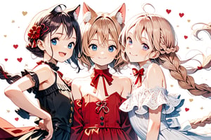 Masterpiece, beautiful details, perfect focus, high resolution, exquisite texture in every detail, ((3 girls: 1.5)), 3 people side by side, V, pink background, heart\(symbol)\,
BREAK
Shizuku \\ Lovely woman, ((Clear blue eyes: 1.4)), ((Light brown hair: 1.5)) BREAK ((Red inner hair: 1.4)), Long hair, Smile, Medium chest, (((One piece) Braids: 1.8))), (((straight bangs: 1.3))), ahoge, (((crescent hairpin: 1.6))), ((big red ribbon: 1.3)), cat ears, thick eyebrows, Smile, happy, off-shoulder dress,
BREAK
Tekeri \\ Cute girl, loli, ((black fox ears: 1.3)), animal ear fluff, hairstyle, short hair, ((black hair: 1.4)), (red hair: 1.3), ((inner hair color): 1.4)), (((Short ponytail: 1.4))), Side locks, ((Red eyes: 1.3) ), (Dark circles under the eyes: 1.4), (((Round glasses: 1.5))), (Flat chest) , smile, happy, off-shoulder dress, cat collar, ((x hairpin: 1.6)),
BREAK
ccqxin-chan \\ Cute girl, smile, happiness, animal ears, cat ears, long hair, ((pink hair: 1.6)), (((high twintails: 1.7))), ribbon, ((brown eyes: 1.6) )) ,off shoulder dress,
BREAK
Expressing love, realism, natural light, looking at the viewer,