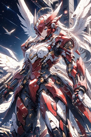 Masterpiece, beautiful details, perfect focus, uniform 8K wallpaper, high resolution, exquisite texture in every detail, solo, red and white body, whole body, wings, blue eyes, no humans, glowing, (flying: 1.4), space background, galaxy, shining stars, robot, mecha, glowing eyes, science fictionn, sci-fi