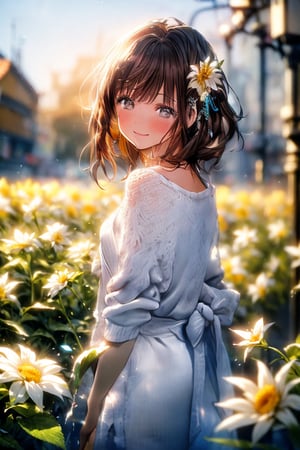 (Masterpiece, Best Quality: 1.6), Brown Hair, Sleek Chignon Hairstyle, White Lace Dress, Cardigan, Ruby Eyes, Cowboy Shot, Thighs, Beautiful Girl, (Flowers, Many Small White Petals: 1.3), Garden , Blue Sky, Staring at the Viewer, Incredibly Absurd, Face Light, Dynamic Lighting, Cinematic Lighting, Ultra Realistic, Photography, Sharp Focus, Most Detailed, Highly Detailed Eyes and Face