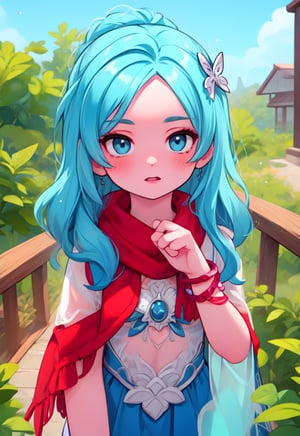 masterpiece, RAW,, ultra realistic, outdoors, ((blue hair)), (hair ornament), reah, long blue hair, looking at viewer, perfect face, see through top, stairs, facing viewer, photorealistic, blue glows, Science Fiction, sexy, 4K, 8k HD, Circle, high quality, OceanGoddess,1 girl, portrait,Modena butterfly, red scarf, red cloak, red dress, bracelet
