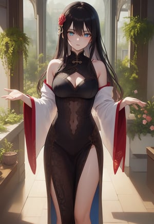 High Quality, Lossless, Clean, Raw, High Quality, Lossless, Clean, Raw, HD, girl, alone, clear lights, bangs in her hair, blue eyes, beautiful girl, perfect body, Color Booster,Realism, 1girl, solo, long hair, looking at viewer, skirt, black hair, hair ornament, long sleeves, standing, flower, indoors, wide sleeves, window, chinese clothes, table, plant