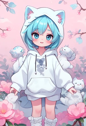(masterpiece, best quality, highres:1.3), ultra resolution image, (1girl), (solo), kawaii, accessories, gleaming blue hair, (white kitty hoodie:1.5), cat themed, ears on hood, unique, (cute background:1.5), pastel shades, fluffy clouds, (relaxed atmosphere:1.3), soft, minimalistic style, (focus on character:1.4), adorable, dreamy, cat tower, magical, colorful, smile, happy