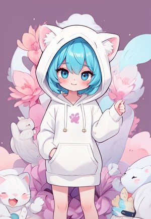 (masterpiece, best quality, highres:1.3), ultra resolution image, (1girl), (solo), kawaii, accessories, gleaming blue hair, (white kitty hoodie:1.5), cat themed, ears on hood, unique, (cute background:1.5), pastel shades, fluffy clouds, (relaxed atmosphere:1.3), soft, minimalistic style, (focus on character:1.4), adorable, dreamy, cat tower, magical, colorful, smile, happy