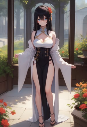 High Quality, Lossless, Clean, Raw, High Quality, Lossless, Clean, Raw, HD, girl, alone, clear lights, bangs in her hair, blue eyes, beautiful girl, perfect body, Color Booster,Realism, 1girl, solo, long hair, looking at viewer, skirt, black hair, hair ornament, long sleeves, standing, flower, indoors, wide sleeves, window, chinese clothes, table, plant