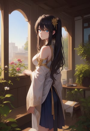 High Quality, Lossless, Clean, Raw, High Quality, Lossless, Clean, Raw, HD, girl, alone, clear lights, bangs in her hair, blue eyes, beautiful girl, perfect body, Color Booster,Realism, 1girl, solo, long hair, looking at viewer, skirt, black hair, hair ornament, long sleeves, standing, flower, indoors, wide sleeves, window, chinese clothes, table, plant, book stack