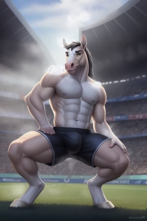 , Horse, Yellow sclera,  (pose:1.3), (posing:1.3), (soft shading), 4k, hi res, five fingers, detailed hands, ((detailed face, (detailed eyes:1.3), detailed)), (full body),Horse, fortnite style, by zackarry911, by zaush, (by personalami:0.5) solo, looking at viewer, smile, Detailed background, no shirt, 1boy, Stadium background, Squatting, full body,(Bara Body),Muscle Body, male focus, (Soccer shorts, White shorts, Real Madrid,CF Shorts, Bulge), (((Musk cloud in Crotch, Musky shorts, Mist coming from shorts)))