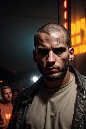 (dark theme:0.5) (hardcore rave:1) handsome berlin skinhead rave man, with shades, hot, european, german, techno, boiler room, thunderdome, 1990s, nightclub, red falir lights, berghain, pale skin, crooked noise, scruffy face, thin, skinny, tattoos, 32k, HQ, realistic, photorealistic, drug junkie, leather pants, chav alpha, youthful, gabber, hardcore, handsome male, hairy, dark aura, neon lights, drunk, film, film scenery, very cinematic, movie,handsome male
