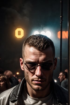 (dark theme:0.5) (hardcore rave:1) handsome berlin skinhead rave man, with shades, hot, european, german, techno, boiler room, thunderdome, 1990s, nightclub, red falir lights, berghain, pale skin, crooked noise, scruffy face, thin, skinny, tattoos, 32k, HQ, realistic, photorealistic, drug junkie, leather pants, chav alpha, youthful, gabber, hardcore, handsome male, hairy, dark aura, neon lights, drunk, film, film scenery, very cinematic, movie,handsome male