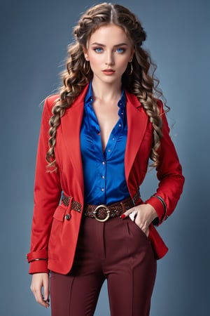 Generate hyper realistic image of a woman with long, flowing brown curly hair, her piercing blue eyes locked onto the viewer with intensity. She stands confidently, wearing a stylish red jacket with long sleeves, complemented by a braided belt and matching pants. Adorned with subtle makeup and nail polish, she exudes an air of sophistication, with hoop earrings framing her face.