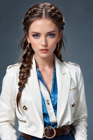Generate hyper realistic image of a woman with long, flowing brown hair cascading over her shoulders, her piercing blue eyes locked onto the viewer with intensity. She stands confidently, wearing a stylish white jacket with long sleeves, complemented by a braided belt and matching pants. Adorned with subtle makeup and nail polish, she exudes an air of sophistication, with hoop earrings framing her face.