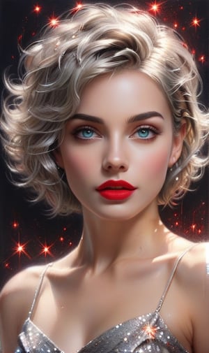 High quality 8k, pencil Sketch of a beautiful girl 25 years old with silver short hair, messy hair, red lipstic, black eyes, alluring, portrait by Charles Miano, pastel drawing, illustrative art, soft lighting, detailed, more Flowing rhythm, elegant, low contrast, add soft blur with thin line, yellow clothes.,DonMW15pXL,BugCraft,glitter