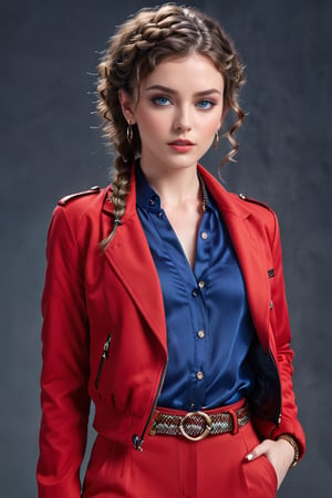 Generate hyper realistic image of a woman with short,  brown curly hair, her piercing blue eyes locked onto the viewer with intensity. She stands confidently, wearing a stylish red jacket with long sleeves, complemented by a braided belt and matching pants. Adorned with subtle makeup and nail polish, she exudes an air of sophistication, with hoop earrings framing her face.
