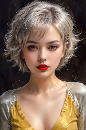 pencil Sketch of a beautiful girl 18 years, with silver short hair, messy hair, red lipstic, full lips, alluring, portrait by Charles Miano, pastel drawing, illustrative art, soft lighting, detailed, more Flowing rhythm, elegant, low contrast, add soft blur with thin line, yellow clothes.,DonMW15pXL,BugCraft