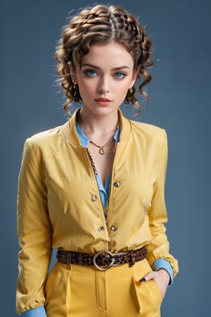 Generate hyper realistic image of a woman with short,  brown curly hair, her piercing blue eyes locked onto the viewer with intensity. She stands confidently, wearing a stylish yellow jacket with long sleeves, complemented by a braided belt and matching pants. Adorned with subtle makeup and nail polish, she exudes an air of sophistication, with hoop earrings framing her face.