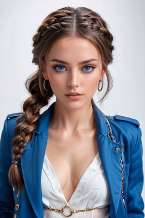 Generate hyper realistic image of a woman with long, flowing brown hair cascading over her shoulders, her piercing blue eyes locked onto the viewer with intensity. She stands confidently, wearing a stylish blue jacket with long sleeves, complemented by a braided belt and matching pants. Adorned with subtle makeup and nail polish, she exudes an air of sophistication, with hoop earrings framing her face.