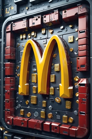 (This image is a digital artwork featuring the McDonald's brand symbol set in a sci-fi theme on a matrix panel. The background is made up of computer hardware elements, creating a complex and detailed composition.), detailed textures, high quality, high resolution, high Accuracy, realism, color correction, Proper lighting settings, harmonious composition, Behance works,shards,glass shiny style,glass