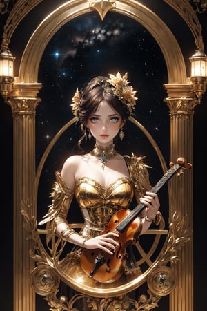 (An image is envisioned that delves into the celestial orchestra of the cosmos, depicting stars that shimmer like musical notes within the grand symphony of the universe, all mirrored within the essence of a woman.), detailed textures, High quality, high resolution, high precision, realism, color correction, proper lighting settings, harmonious composition, Behance works,Chromaspots,HZ Steampunk,photo r3al,Clear Glass Skin