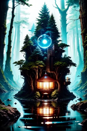 (🌲🌲Mystical, Yakushima, Japan, primeval Yaku cedar forest, 🌲Deep in the forest, mysterious small pond, blue-white glowing sphere of light floating in the air, 🤩🌲Ghibli style, masterpiece one-shot, 🤩amazingly beautiful photos 🤩), Unity, Unreal Engine, High Technology, Octane Rendering, Super High Quality, Super High Resolution, Super High Quality, Super Realistic, Color Correction, Good Lighting Settings, Good Composition, Very Low Noise, Sharp Edges, Harmony Great composition, accurate and detailed drawing, masterpiece, award-winning photo, StackedCityAI