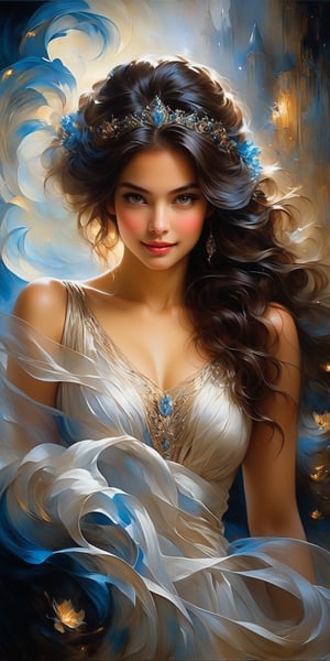(A mesmerizing piece of art captures the essence of Nachtmusik, an enchanting woman. The image, a painting on a grand canvas, depicts her with flowing dark hair cascading down her shoulders, framing a face adorned with striking features. Her eyes, pools of mystery, seem to hold untold secrets, while her ethereal smile evokes fascination. The artist skillfully portrays her graceful posture and elegant attire, a reflection of her allure and charm. Every brushstroke conveys a sense of dreamlike enchantment, imbuing the image with a captivating aura. This exceptional artwork skillfully captures the essence of Nachtmusik's captivating allure, leaving viewers enchanted by her beauty and the intricate details of the painting), Detailed Textures, high quality, high resolution, high Accuracy, realism, color correction, Proper lighting settings, harmonious composition, Behance works,Cinematic,IMGFIX,ct-jeniiii